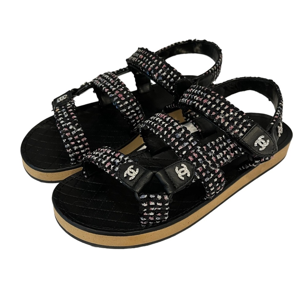 Chanel Sequin Tweed Crystal CC Dad Sandals